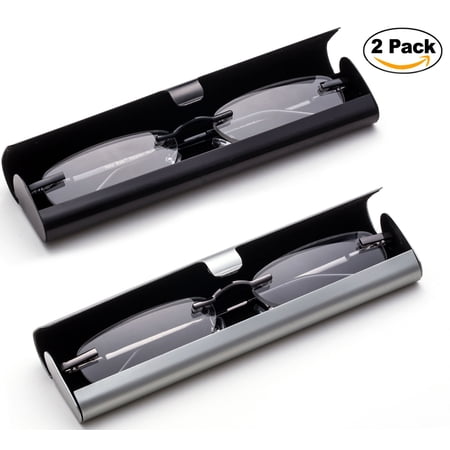 Newbee Fashion-Portable Compact Reading Glasses in Aluminum Case Metal Rectangle Rimless Reading Glasses Super Lightweight Reader Slim Design Comfort Fit for Men&Women 2 PACKBLACK & GUNMETAL+2.25