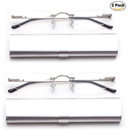 Newbee Fashion-Portable Compact Reading Glasses in Aluminum Case Metal Rectangle Rimless Reading Glasses Super Lightweight Reader Slim Design Comfort Fit for Men&Women 2 PACK SILVER+2.25