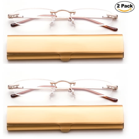 Newbee Fashion-Portable Compact Reading Glasses in Aluminum Case Metal Rectangle Rimless Reading Glasses Super Lightweight Reader Slim Design Comfort Fit for Men&Women 2 PACK GOLD+2.50