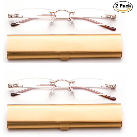 Newbee Fashion-Portable Compact Reading Glasses in Aluminum Case Metal Rectangle Rimless Reading Glasses Super Lightweight Reader Slim Design Comfort Fit for Men&Women 2 PACK GOLD+1.25