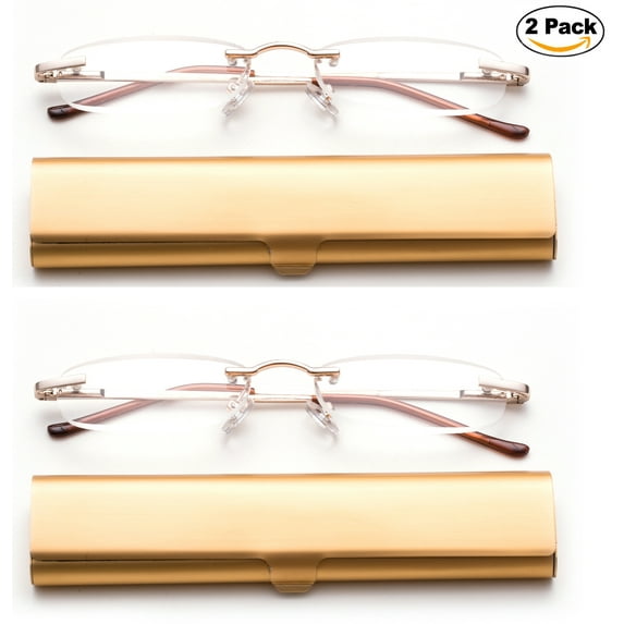 Newbee Fashion-Portable Compact Reading Glasses in Aluminum Case Metal Rectangle Rimless Reading Glasses Super Lightweight Reader Slim Design Comfort Fit for Men&Women 2 PACK GOLD+3.50