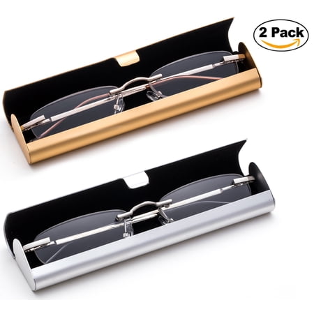 Newbee Fashion-Portable Compact Reading Glasses in Aluminum Case Metal Rectangle Rimless Reading Glasses Super Lightweight Reader Slim Design Comfort Fit for Men&Women 2 PACK GOLD & SILVER+1.00