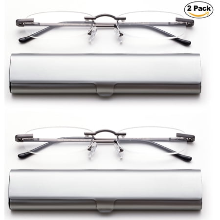 Newbee Fashion-Portable Compact Reading Glasses in Aluminum Case Metal Rectangle Rimless Reading Glasses Super Lightweight Reader Slim Design Comfort Fit for Men&Women 2 PACK GUNMETAL+4.00