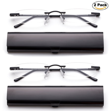 Newbee Fashion-Portable Compact Reading Glasses in Aluminum Case Metal Rectangle Rimless Reading Glasses Super Lightweight Reader Slim Design Comfort Fit for Men&Women 2 PACK BLACK+2.75