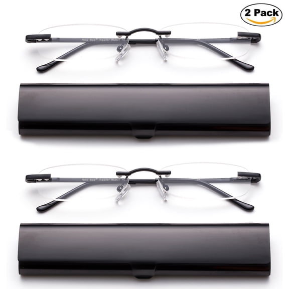 Newbee Fashion-Portable Compact Reading Glasses in Aluminum Case Metal Rectangle Rimless Reading Glasses Super Lightweight Reader Slim Design Comfort Fit for Men&Women 2 PACK BLACK+2.75