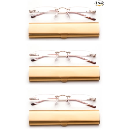 Newbee Fashion-Portable Compact Reading Glasses in Aluminum Case Metal Rectangle Rimless Reading Glasses Super Lightweight Reader Slim Design Comfort Fit for Men&Women 3 PACK GOLD+2.50
