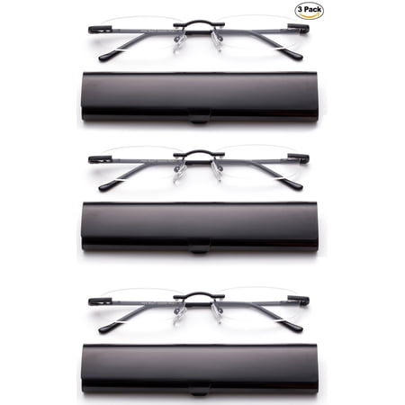 Newbee Fashion-Portable Compact Reading Glasses in Aluminum Case Metal Rectangle Rimless Reading Glasses Super Lightweight Reader Slim Design Comfort Fit for Men&Women 3 PACK BLACK+3.00