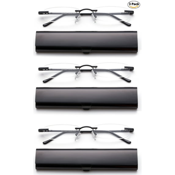 Newbee Fashion-Portable Compact Reading Glasses in Aluminum Case Metal Rectangle Rimless Reading Glasses Super Lightweight Reader Slim Design Comfort Fit for Men&Women 3 PACK BLACK+2.50