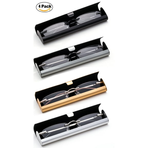 Newbee Fashion-Portable Compact Reading Glasses in Aluminum Case Metal Rectangle Rimless Reading Glasses Super Lightweight Reader Slim Design Comfort Fit for Men&Women 4 PACK ASSORTED +1.00