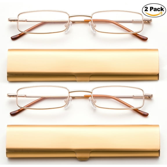 Newbee Fashion-Portable Compact Reading Glasses in Aluminum Case Metal Rectangle Shaped Reading Glasses with Spring Hinge in Case Lightweight Reader Slim Design Comfort fit in GOLD 2 Pack+1.75