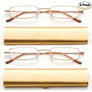 Newbee Fashion-Portable Compact Reading Glasses in Aluminum Case Metal Rectangle Shaped Reading Glasses with Spring Hinge in Case Lightweight Reader Slim Design Comfort fit in GOLD 2 Pack+3.50