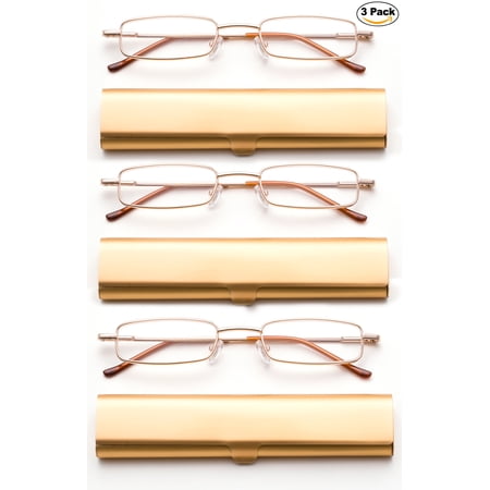 Newbee Fashion-Portable Compact Reading Glasses in Aluminum Case Metal Rectangle Shaped Reading Glasses with Spring Hinge in Case Lightweight Reader Slim Design Comfort fit in GOLD 3 Pack+1.50