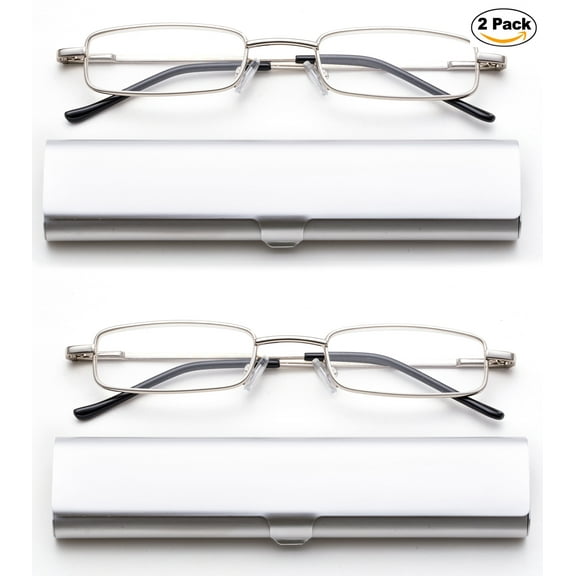 Newbee Fashion-Portable Compact Reading Glasses in Aluminum Case Metal Rectangle Shaped Reading Glasses with Spring Hinge in Case Lightweight Reader Slim Design Comfort fit in SILVER 2 Pack+1.50