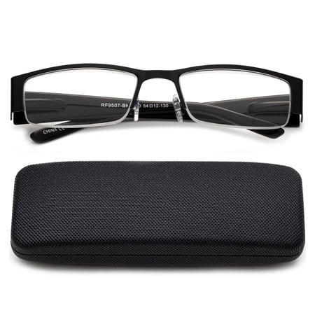 Newbee Fashion- Premium High Quality Metal Half Frame Reading Glasses Spring Hinge Half Rim Readers in Hard Case
