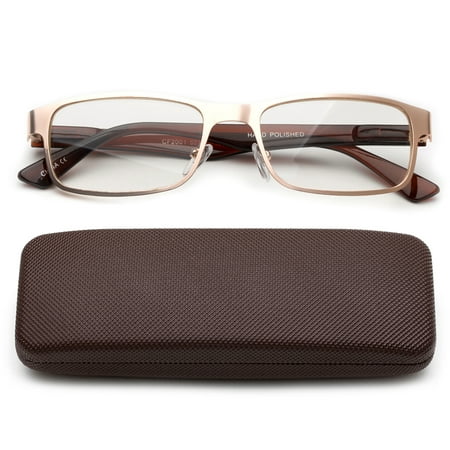 Newbee Fashion- Readers Metal Deluxe High Quality Reading Glasses Rectangular Frame Spring Hinge in Hard Case
