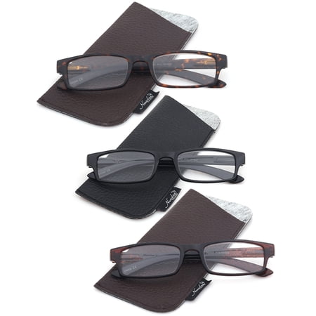 Newbee Fashion Reading Glasses Simple Rectangular Slim Frame 3 Packs with Pouch Spring Hinge Readers Men Women 3.50