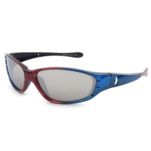 Newbee Fashion - "Spidey" Kids Boys Plastic Two Tone Spider Web Wrap Around Sunglasses Flash Mirror UV Protection (1-6 Years)