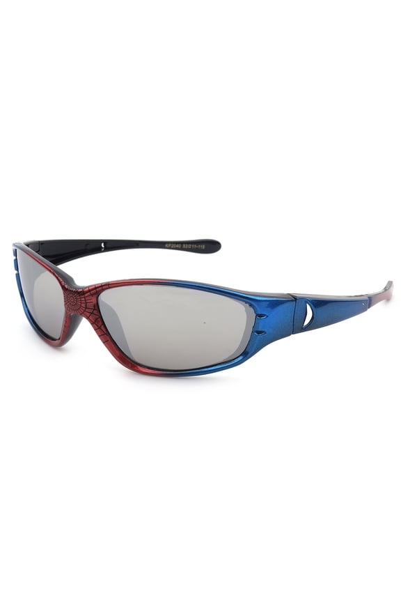 Newbee Fashion - "Spidey" Kids Boys Plastic Two Tone Spider Web Wrap Around Sunglasses Flash Mirror UV Protection (1-6 Years)