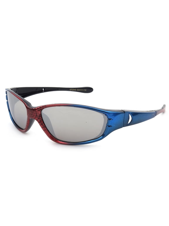 - "Spidey" Kids Boys Plastic Two Tone Spider Web Wrap Around Sunglasses Flash Mirror UV Protection (1-6 Years)