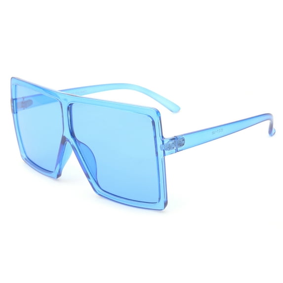 Newbee Fashion Square Vintage Oversized Large Frame Fashion Sunglasses for Women, Men, Junior Teen, Rectangle Flat Top Composite Frame, Big Wind Shield Lens, UV 400, Blue Frame Blue Lens