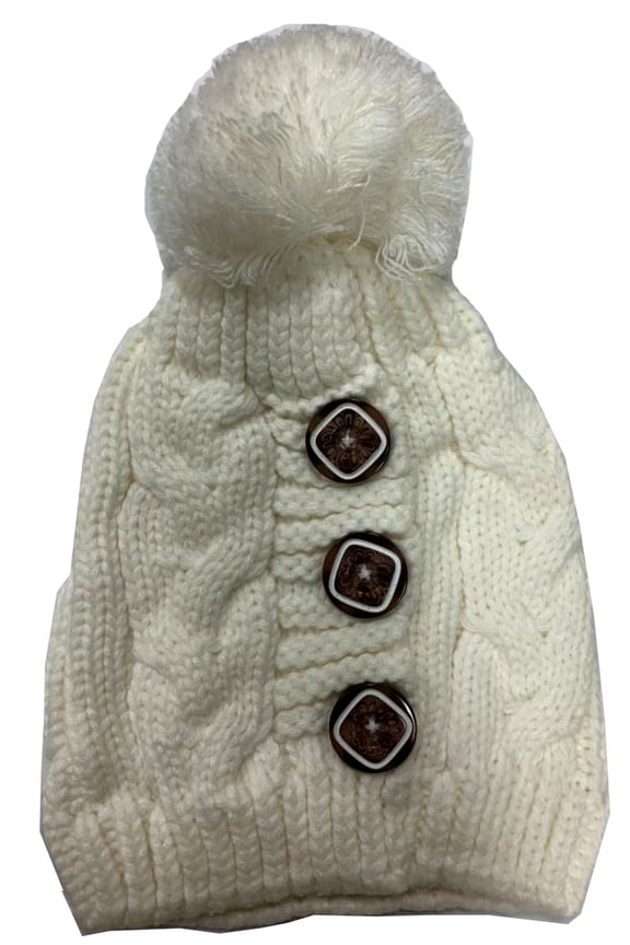 Newbee Fashion - Women Winter Faux Fur Pom Pom Beanie Hat with Button Thick Skull Ski Cap Stylish & Warm