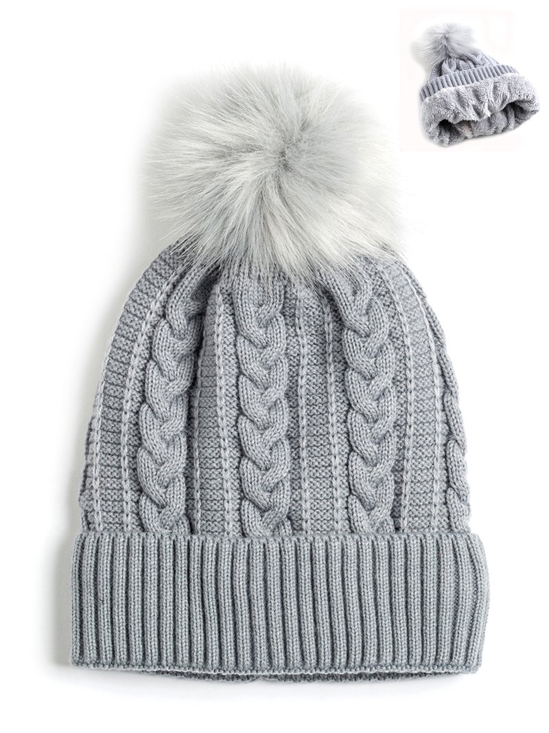 Women\'s Faux Fur Fleece Lined Gray Winter Thick Knit Pom Skull Beanie Hat Cap Handmade Gray Pom Pom Chenille Beanie One Size Skull Cap Ski  main image 3