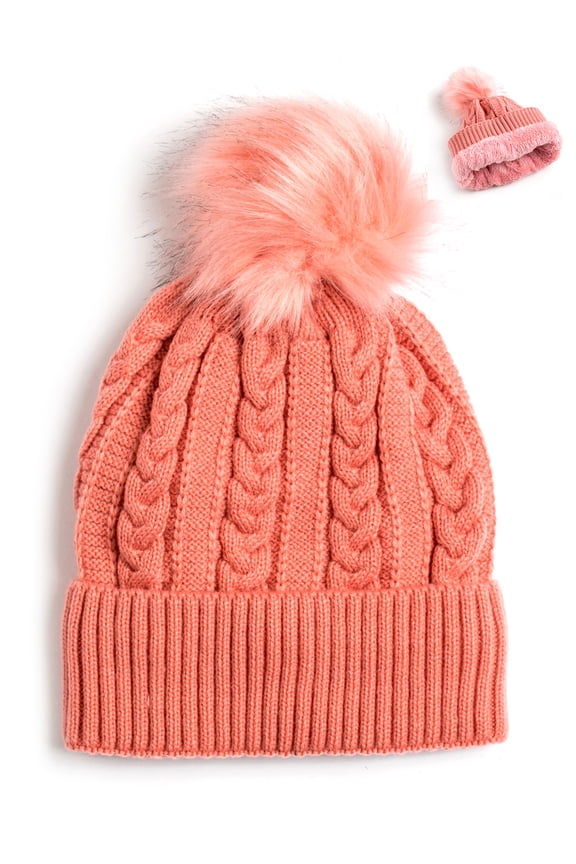 Newbee Fashion - Women Winter Faux Fur Pom Pom Beanie Hat with Warm Fleece Lined Thick Skull Ski Cap Stylish & Warm in Pink