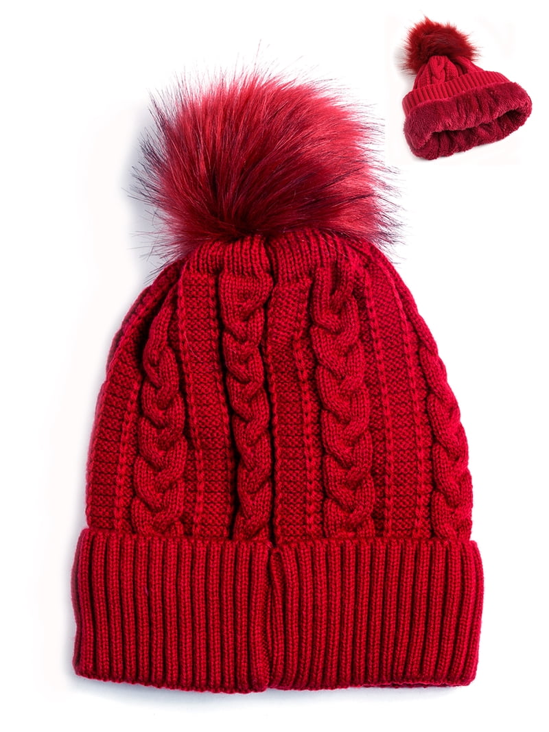 Women\'s Faux Fur Fleece Lined Purple Winter Thick Knit Pom Skull Beanie Hat Cap Ludlz Womens Winter Knit Beanie Hat Scarf Set for Girl  main image 4