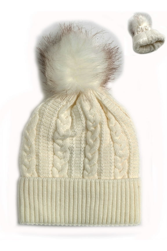 Newbee Fashion - Women Winter Faux Fur Pom Pom Beanie Hat with Warm Fleece Lined Thick Skull Ski Cap Stylish & Warm in White