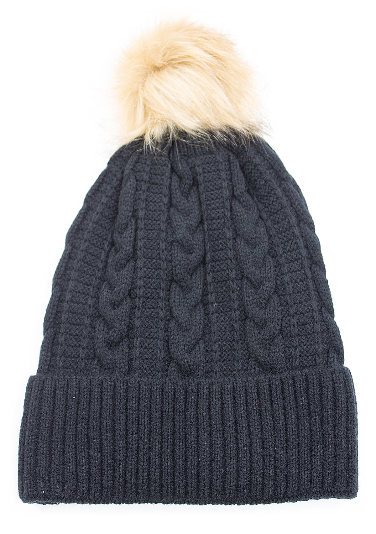 Women\'s Faux Fur Fleece Lined Blue Winter Thick Knit Pom Skull Beanie Hat Cap C.C YJ820 - Thick Cable Knit Hat Faux Fur Pom Pom Fleece  main image 2
