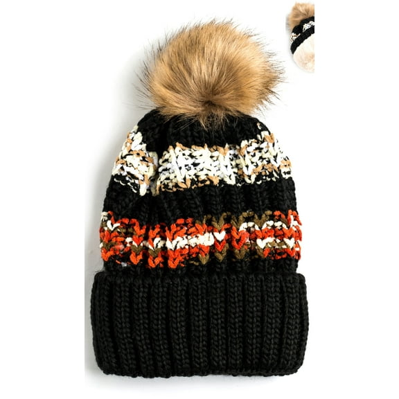 Newbee Fashion - Women Winter soft Knitted Beanie Hat Faux Fur Pom Pom Beanie Hat with Warm Fleece Lined Extra Thick Skull Slouchy Cable Knit Hat Ski Cap Multi-Color Bohemian Stripe Stylish & Warm