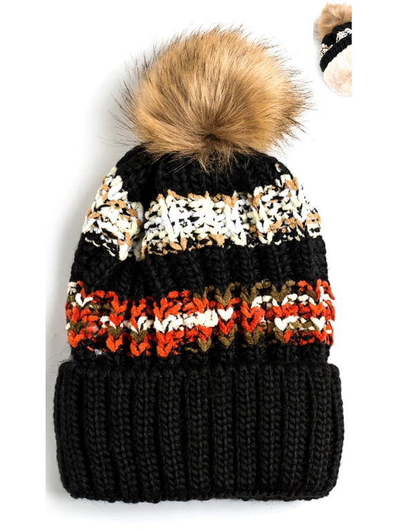 Newbee Fashion - Women Winter soft Knitted Beanie Hat Faux Fur Pom Pom Beanie Hat with Warm Fleece Lined Extra Thick Skull Slouchy Cable Knit Hat Ski Cap Multi-Color Bohemian Stripe Stylish & Warm