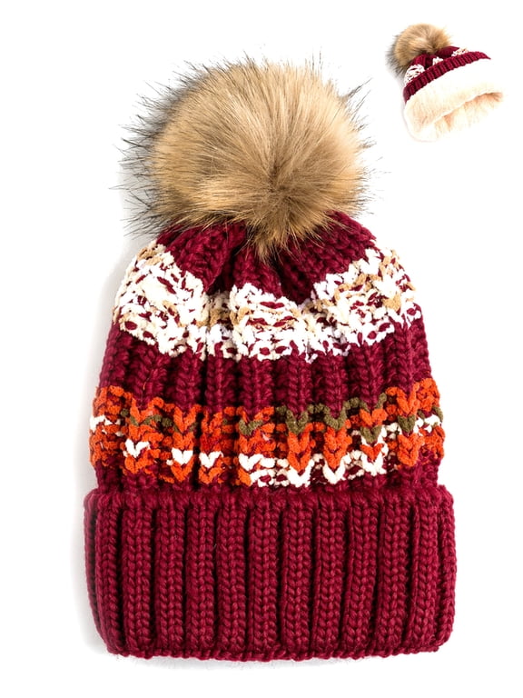 Newbee Fashion - Women Winter soft Knitted Beanie Hat Faux Fur Pom Pom Beanie Hat with Warm Fleece Lined Extra Thick Skull Slouchy Cable Knit Hat Ski Cap Multi-Color Bohemian Stripe Stylish & Warm