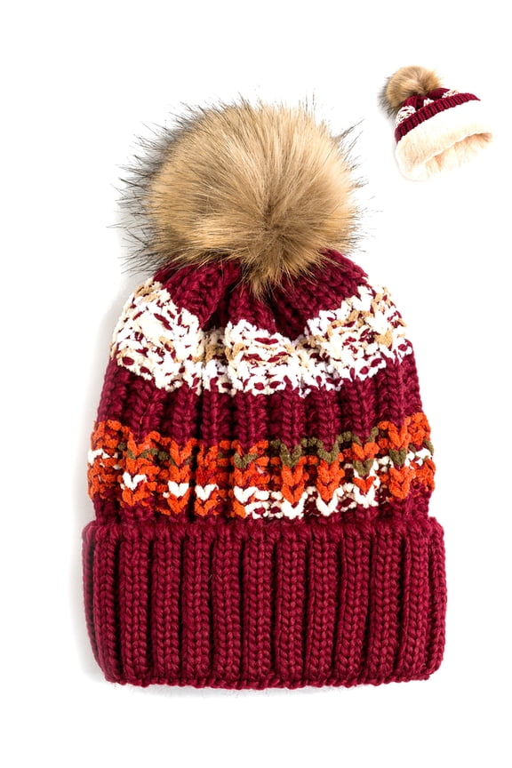 Newbee Fashion - Women Winter soft Knitted Beanie Hat Faux Fur Pom Pom Beanie Hat with Warm Fleece Lined Extra Thick Skull Slouchy Cable Knit Hat Ski Cap Multi-Color Bohemian Stripe Stylish & Warm