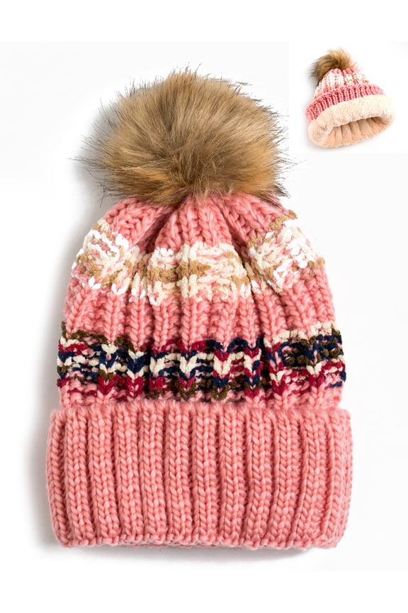 Newbee Fashion - Women Winter soft Knitted Beanie Hat Faux Fur Pom Pom Beanie Hat with Warm Fleece Lined Extra Thick Skull Slouchy Cable Knit Hat Ski Cap Multi-Color Bohemian Stripe Stylish & Warm