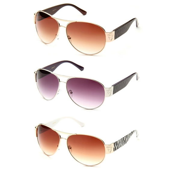 Newbee Fashion - "Zeb" Aviator Fashion Sunglasses UV Protection, Gold Brown & Black & Gold White 3 Pairs