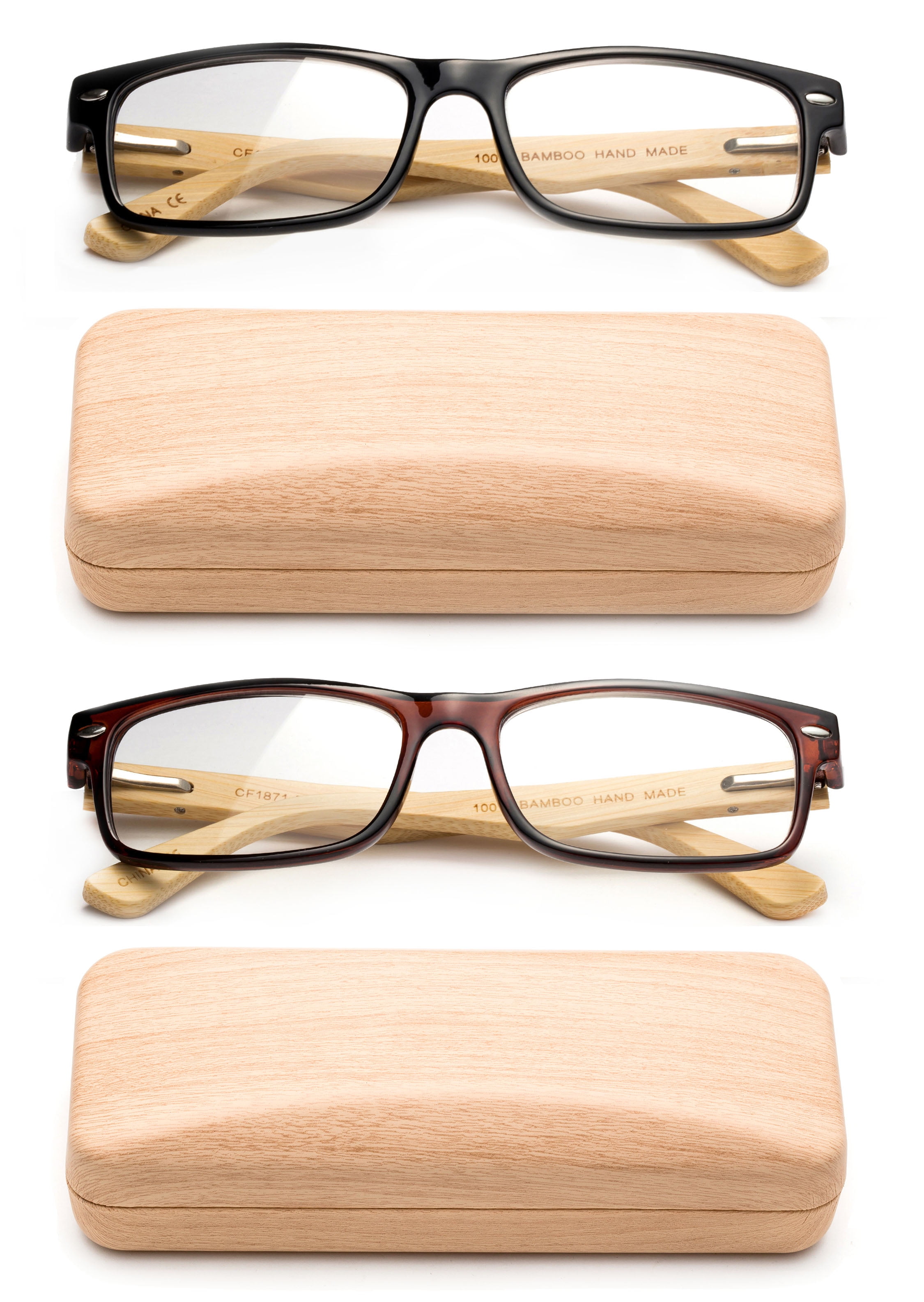 Newbee Spring Hinge Rectangular Frame Bamboo Reading Glasses