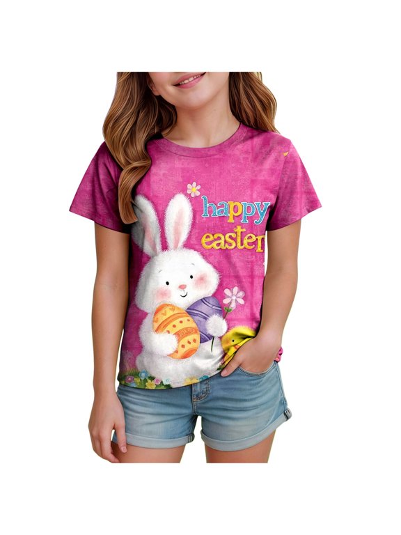 1-13 Years Boys Girls Easter Shirts Cute Rabbit Eggs Graphic Kids Short Sleeve T-Shirt Crew Neck Toddler Tee Tops Baby Summer Clothes Hot Pink