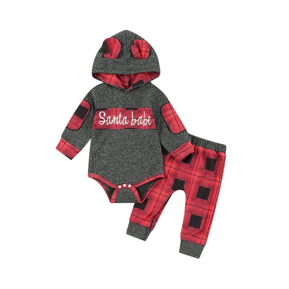 Newborn 2Pcs Plaid Pattern Outfits, Contrast Color Letter Printed Long Sleeve Hooded Bodysuit + Elastic Waist Trousers