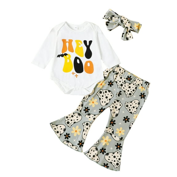 Newborn 3 Piece Pants Set 3M 6M 12M 18M 24M Halloween Letter Print Romper and Flared Pants Headband Outfits Infant Clothing