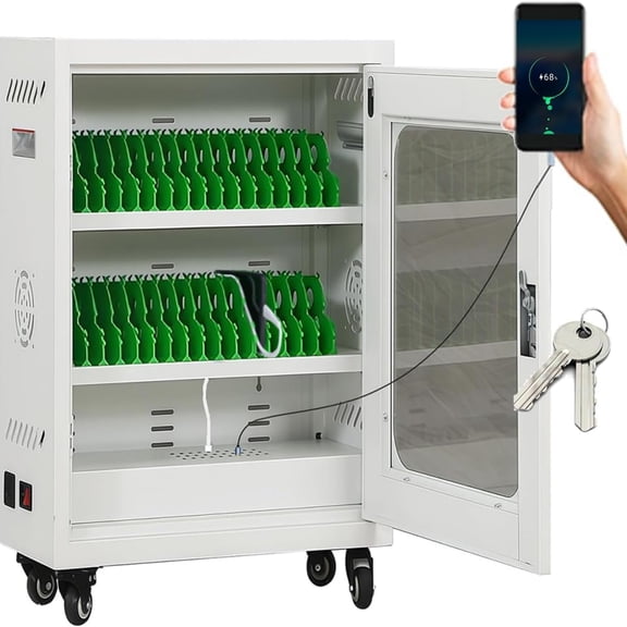 30 Device Cell Phone Charging Station Locker, Multiple USB Port Charging Cabinet, Fits up to 8.1 in Tablets, for School and Office, White