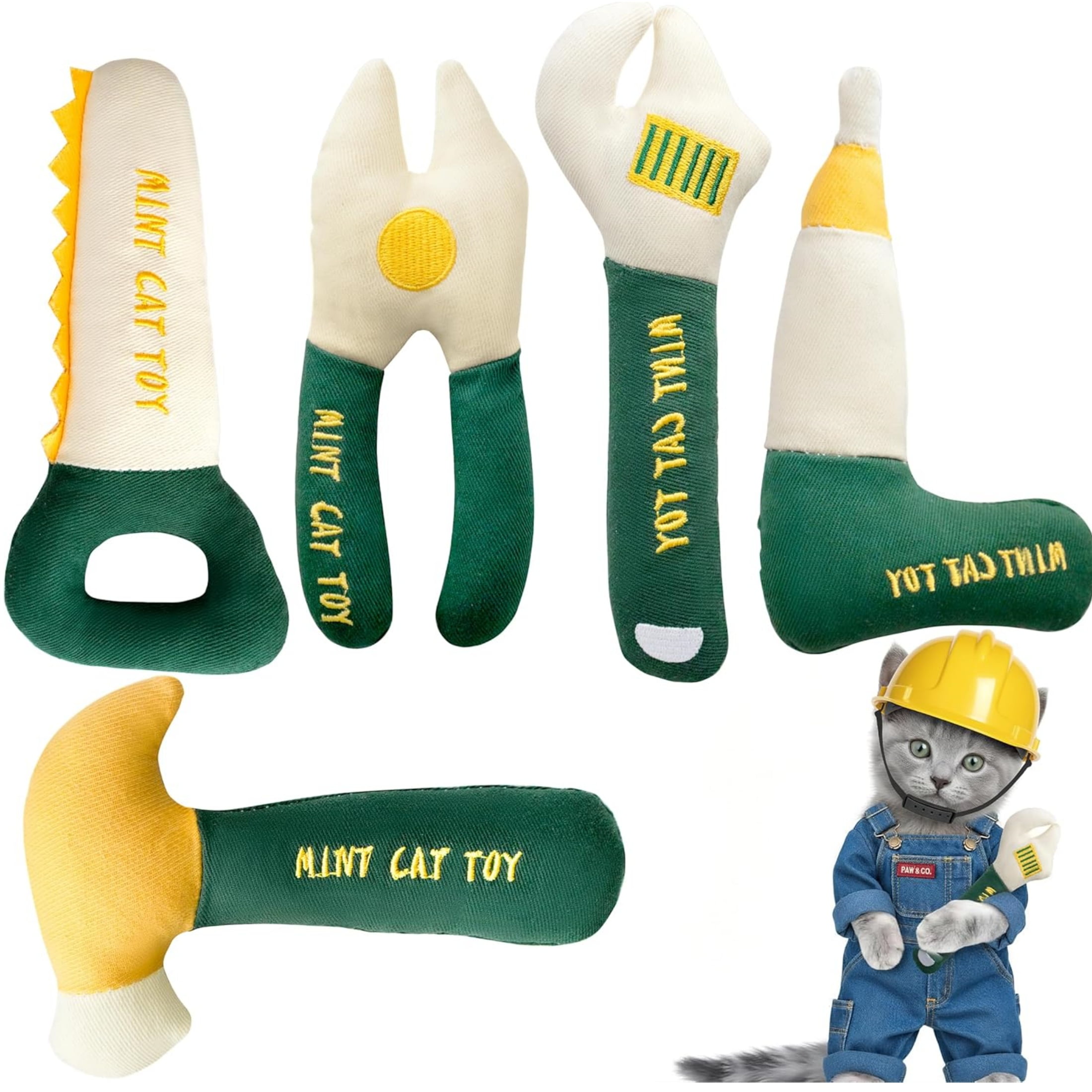 Newborn 5 Pcs Tool-Shaped Catnip Toys,Organic Catnip & Crinkle Sound Interactive Chew & Kicker Cat Toys