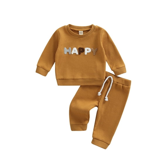 Newborn Baby 2Pcs Clothes Set Letter/Rainbow Pattern Long Sleeve Crew Neck Pullover Long Pants Set