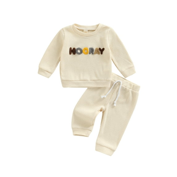 Newborn Baby 2Pcs Clothes Set Letter/Rainbow Pattern Long Sleeve Crew Neck Pullover Long Pants Set