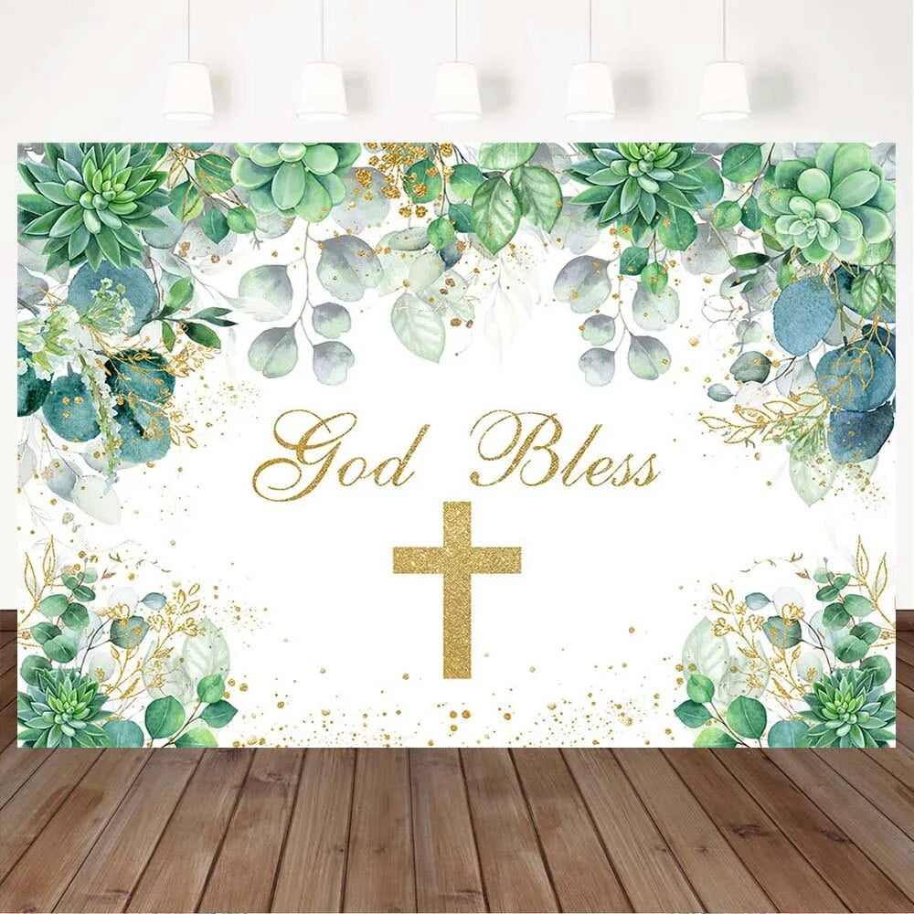 Newborn Baby Baptism Photography Backdrops God Bless Gold Cross ...