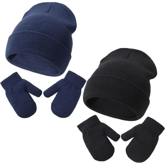 Newborn Baby Beanie Hat Gloves Set, 2pcs Toddler Kids Solid Soft Winter Warm Knit Hat with Gloves for Unisex Boys Girls (Black & Navy,2-5T)