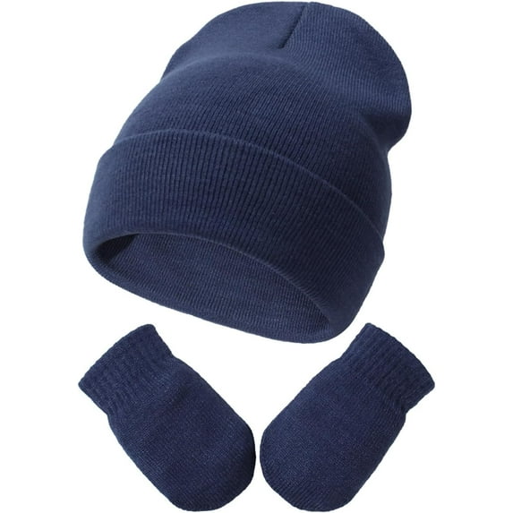 Newborn Baby Beanie Hat Gloves Set, Toddler Kids Solid Soft Winter Warm Knit Hat with Gloves for Unisex Boys Girls (Navy,3-24 Months)