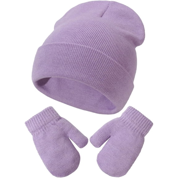Newborn Baby Beanie Hat Gloves Set, Toddler Kids Solid Soft Winter Warm Knit Hat with Gloves for Unisex Boys Girls (Purple,2-5T)
