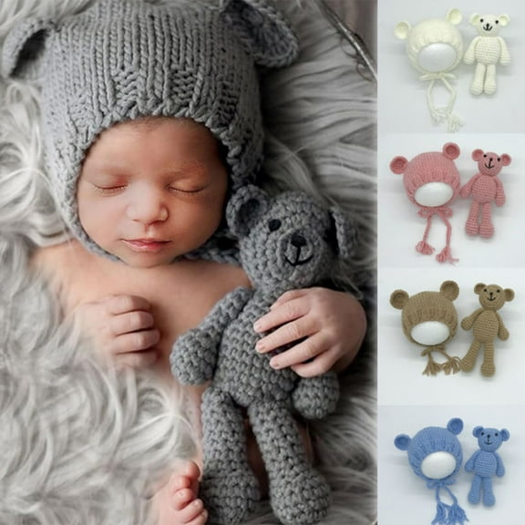 Newborn Baby Bear Hat Beanie with Bear Dolls Photography Accessories