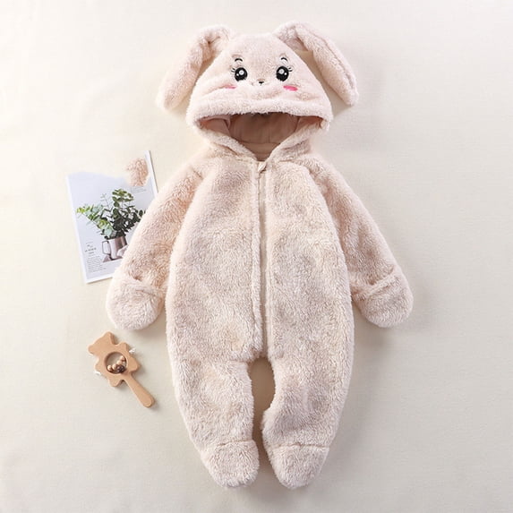 Newborn Baby Bear Onesie Outfit Suit Girls Boys Fleece Jumpsuit Romper Hooded Winter Snowsuit Clothes Beige 0 Months